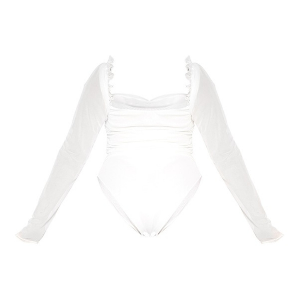 Pretty Little Thing Plus Size White Mesh Ruched Frill Ruffle Longsleeve Bodysuit - Picture 5 of 16